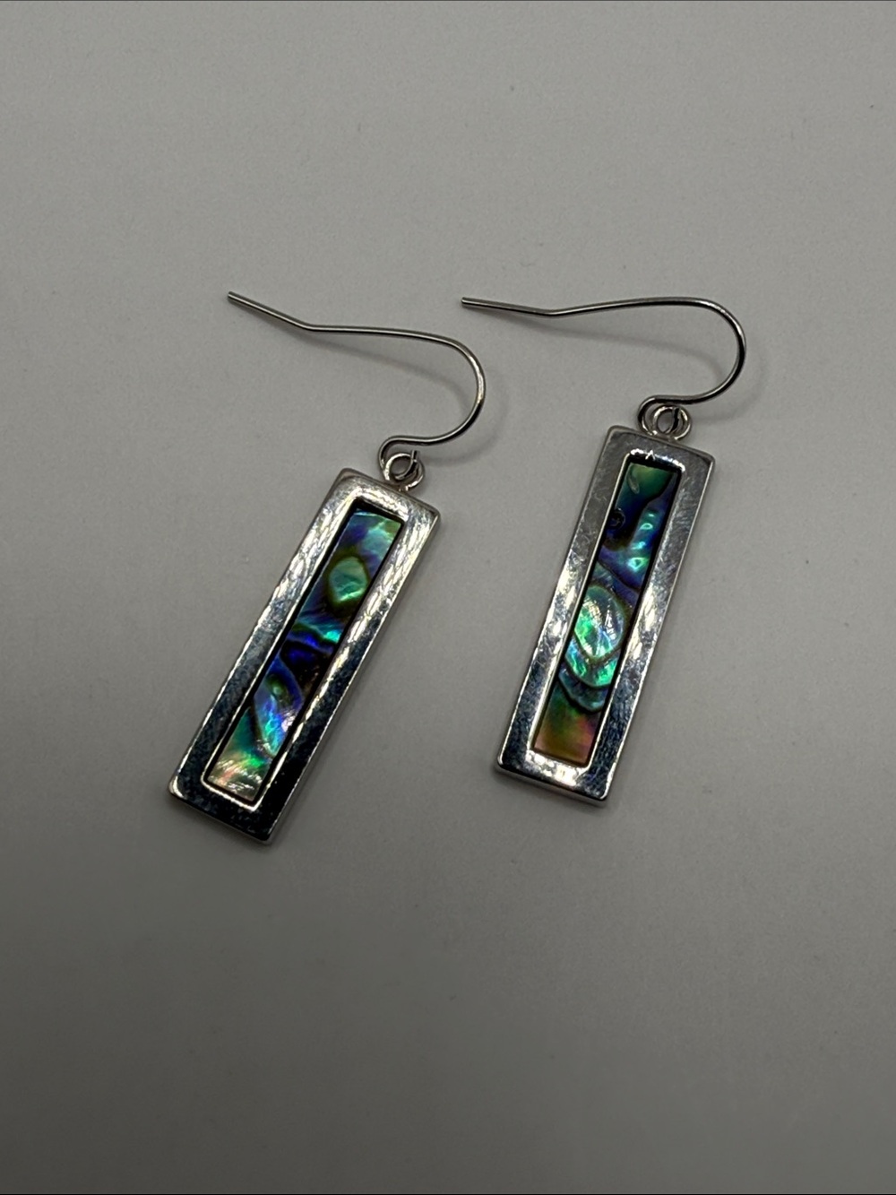 Vintage Silver Tone Abalone Rectangular Dangle Drop Statement Earrings